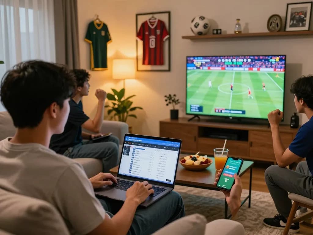 Suasana taruhan olahraga di ruang tamu yang menarik dengan agen judi bola di laptop