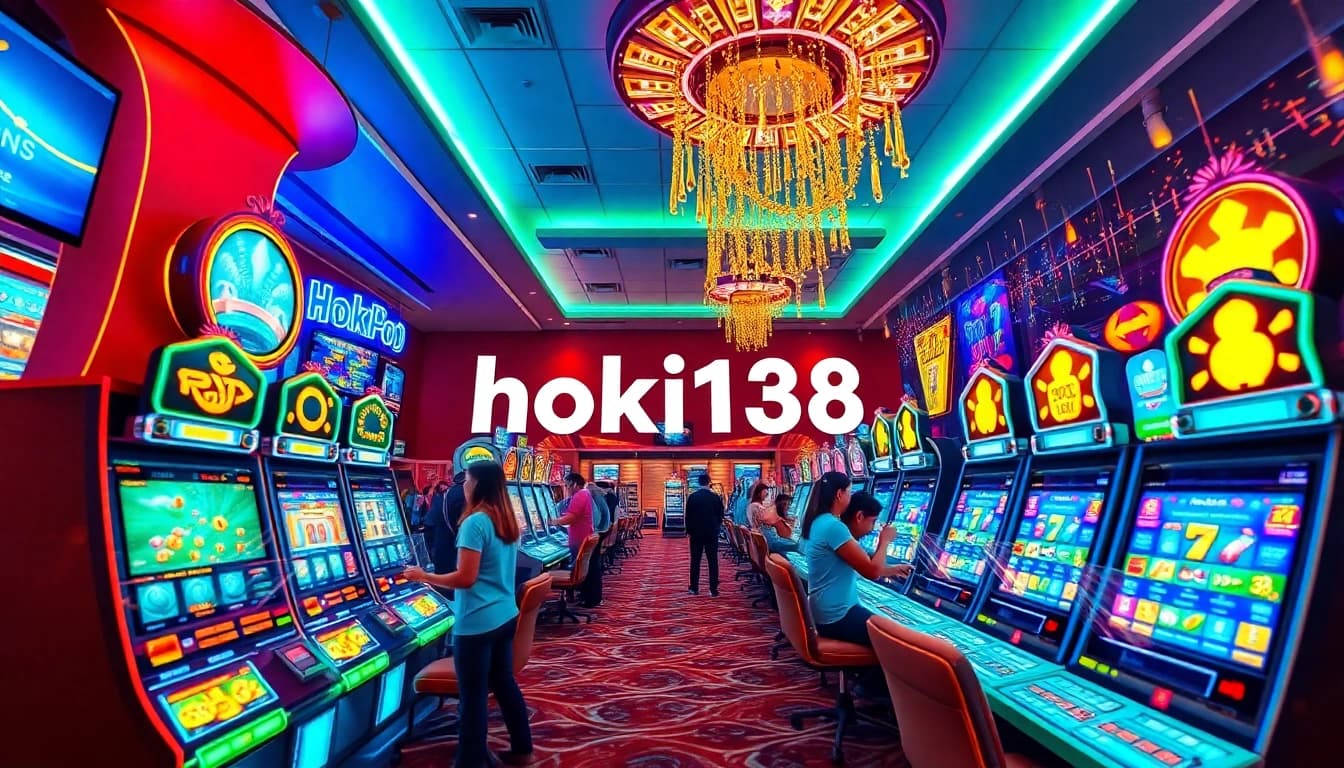 Hoki138 online gaming scene with vibrant slot machines and enthusiastic players.