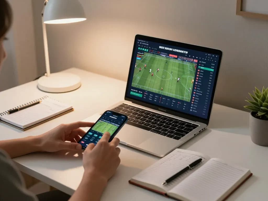 Soi keo nha cai with an engaged player using a laptop for online sports betting in a modern home office.