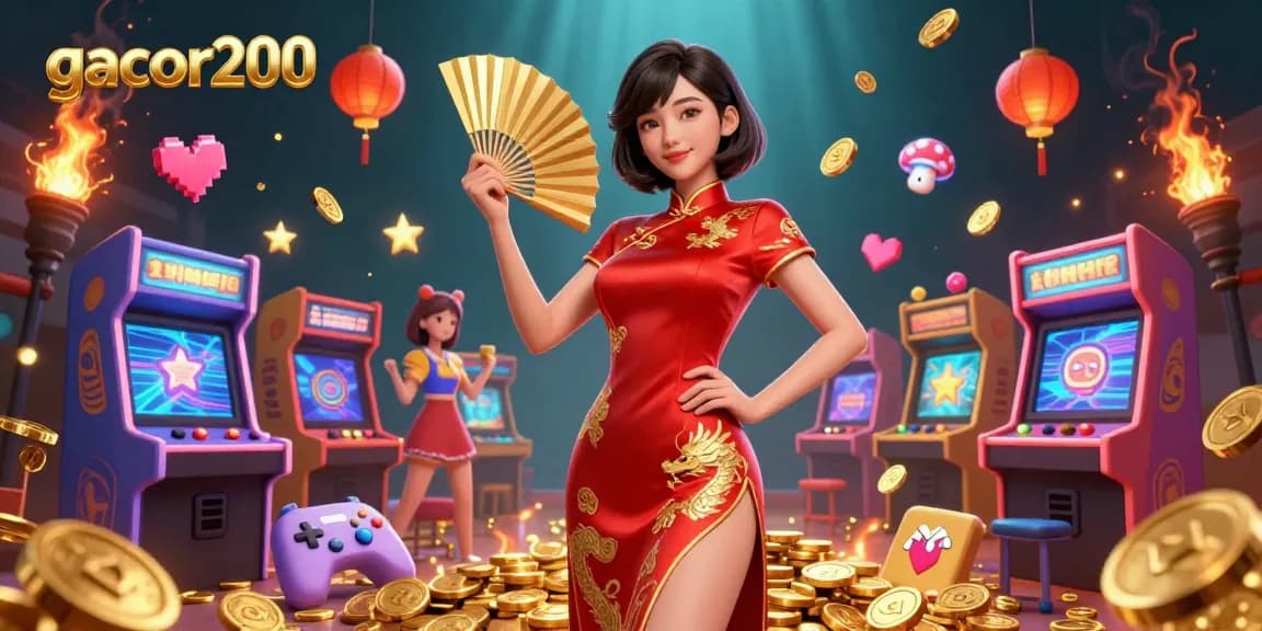 Play exciting games with gacor200 in a vibrant casino setting surrounded by gold coins and bright game machines.