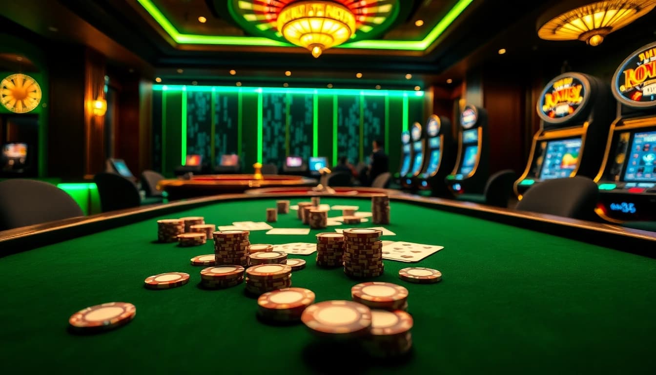 Engaging gambling scene with poker table chips and data china theme integrated.