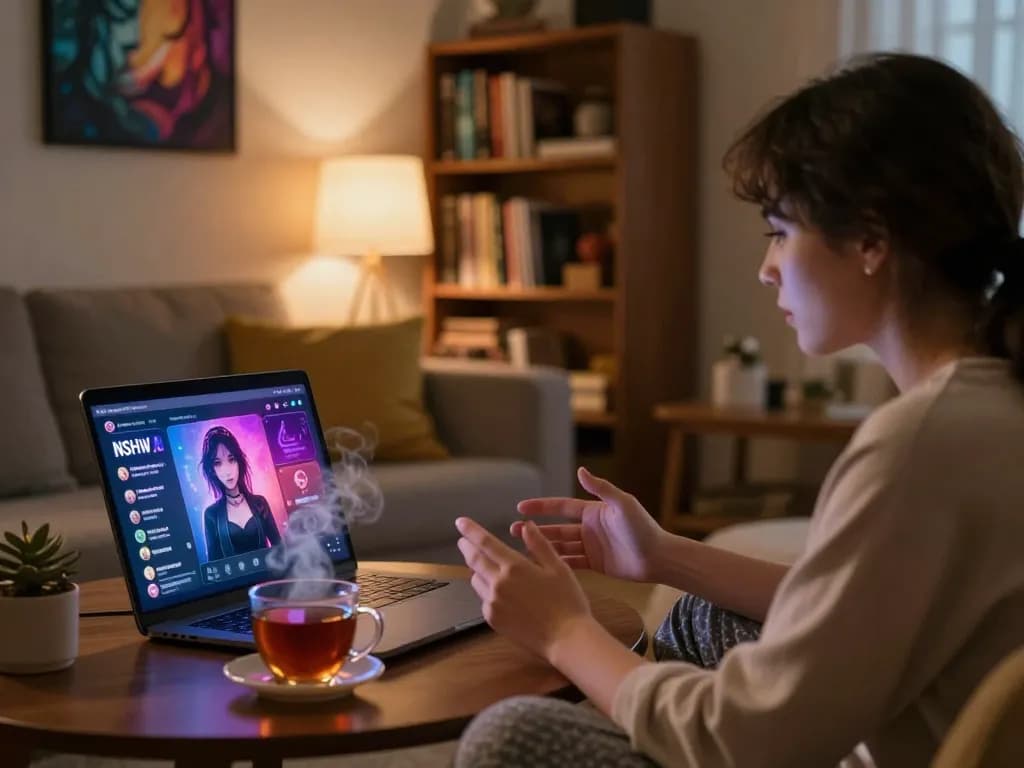 Engaging in sex chat ai conversations with an AI companion at home, showcasing a cozy living environment.