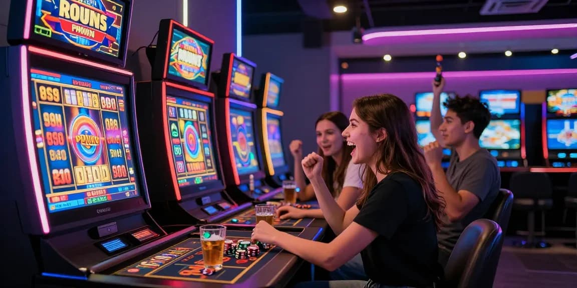 Exciting gaming scene of players enjoying situs slot online with vibrant graphics and wins.