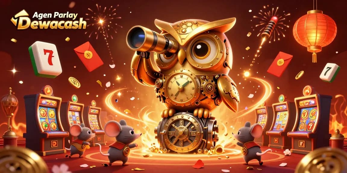 Agen Parlay Dewacash showcases an energetic casino scene with a golden owl and vibrant game elements.