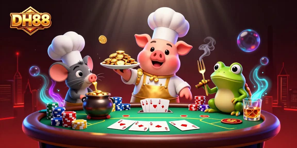 Experience the thrill at DH88, a vibrant casino scene with a chef pig serving gold coins and poker elements.