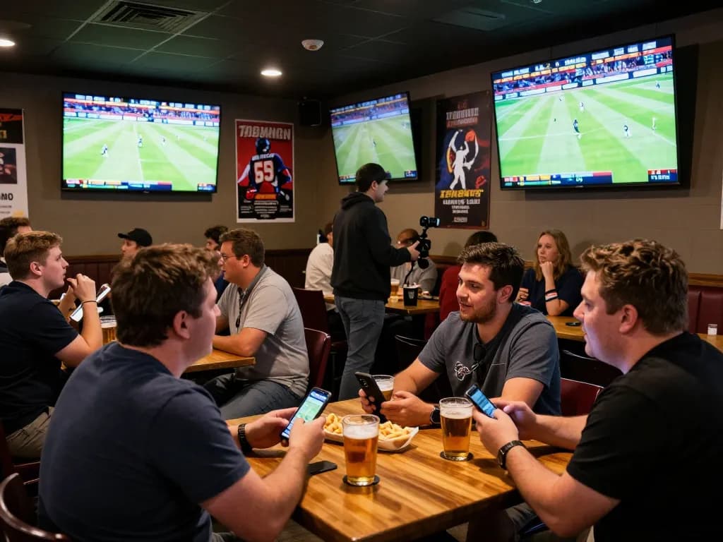 View of a bustling sports betting scene, where patrons engage with trang cá cược bóng đá on their smartphones while enjoying the game.