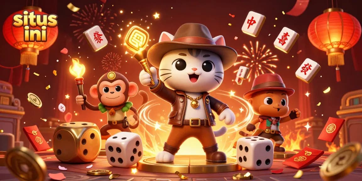 Exciting action in situs ini as the archaeologist cat uncovers golden casino artifacts amidst festive elements.