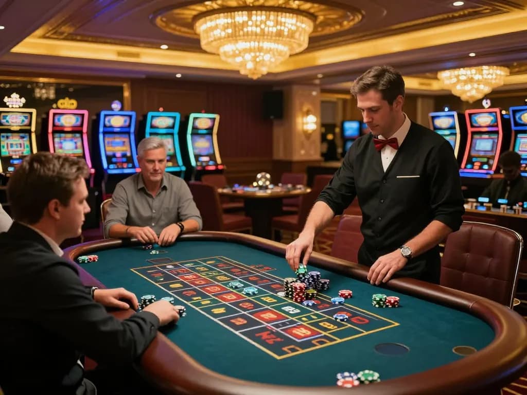 Players engaging in a thrilling game at the roulette table at ok365 casino, surrounded by opulent decor.