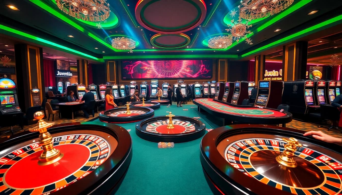AU88 Tiếp Lửa Cho Juventus shines at a luxury casino with players betting at vibrant tables.
