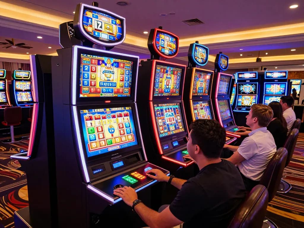 UGDEWA players enjoying vibrant slot machines with winning animations in a lively casino atmosphere.