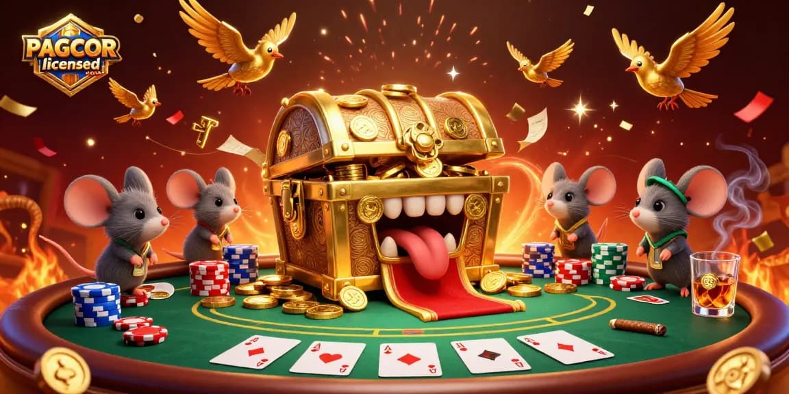 Experience the lively allure of a PAGCOR licensed casino with adventurous mice and treasures in a vibrant scene.