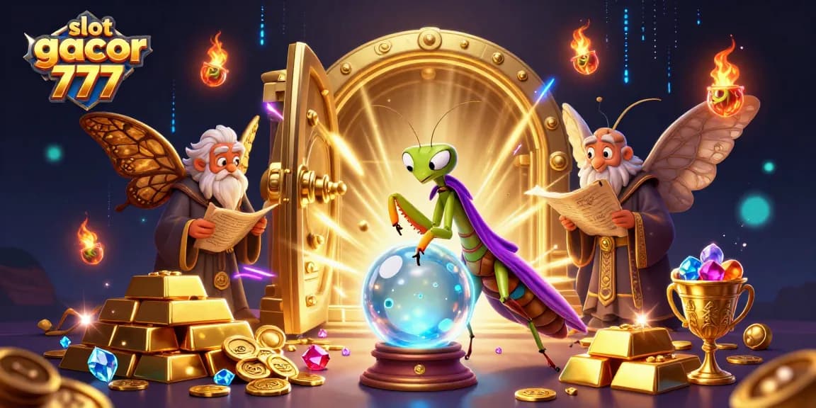 Slot gacor 777 menunjukkan keberuntungan dengan mantis peramal dan harta berkilau.