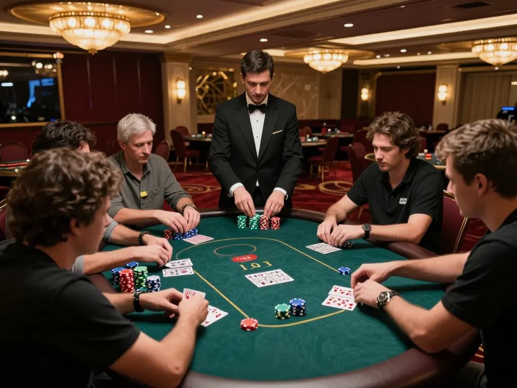 Players at a poker table displaying strategic moves at Rik vip casino, vibrant chips stacked, and intense focus.