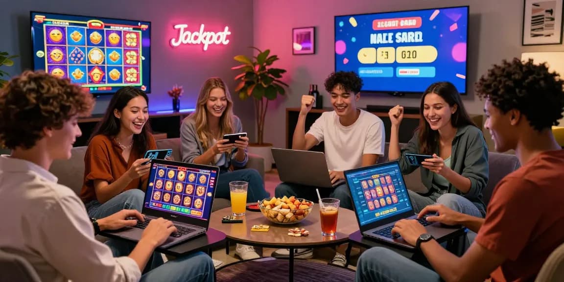 Friends enjoying gaming at credit card casinos at https://dea.org.uk, surrounded by vibrant slot game graphics and snacks.