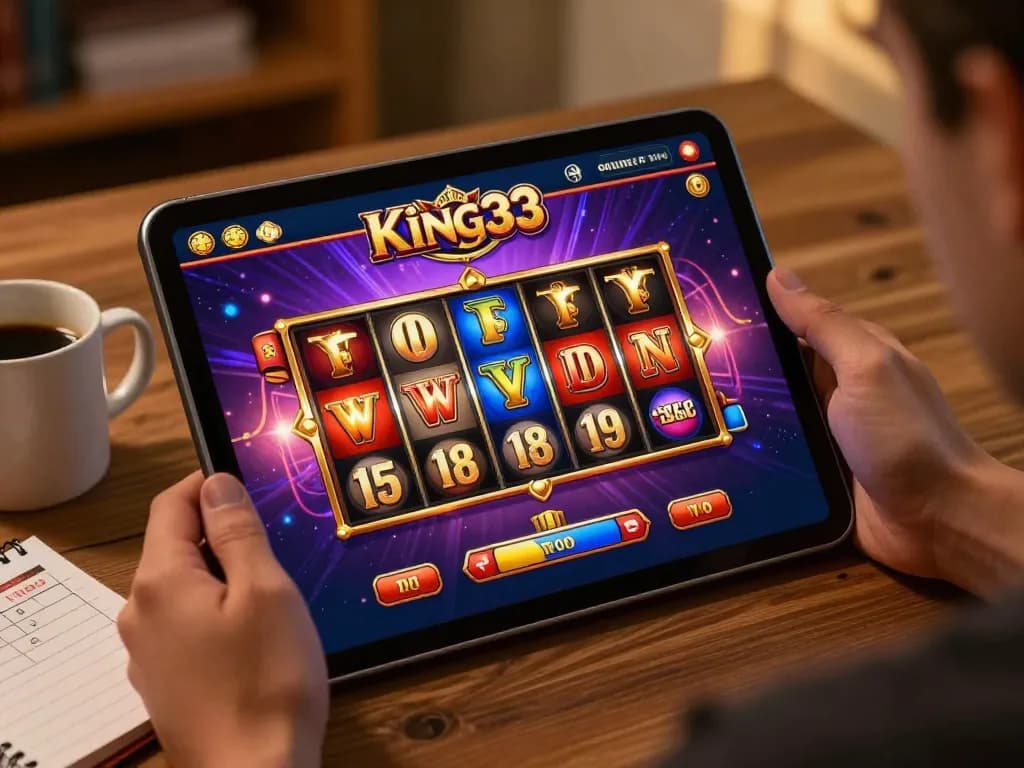 king33 player engaging with a colorful online slot game on a tablet in a cozy home setting