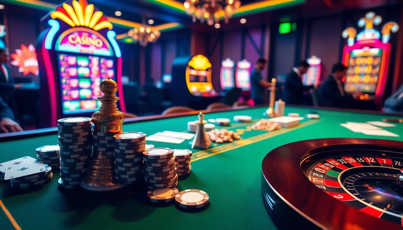 Experience the thrill of play at https://789wins1.net/ with a vibrant casino scene featuring poker chips, cards, and a roulette table.