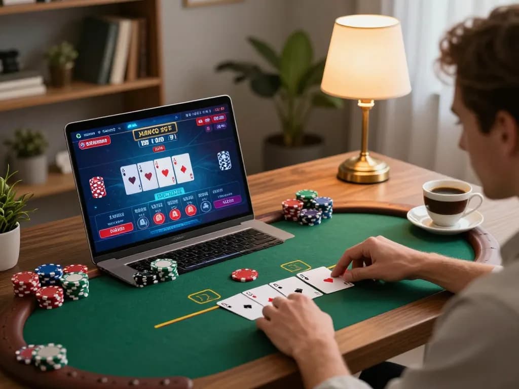 Player enjoying iWin live dealer poker in a stylish home office setup