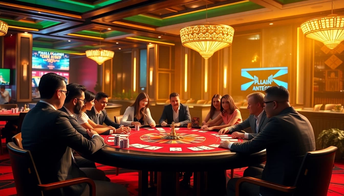 A diverse group enjoying poker with TẬP ĐOÀN KJC's luxurious gaming elements in a casino setting.