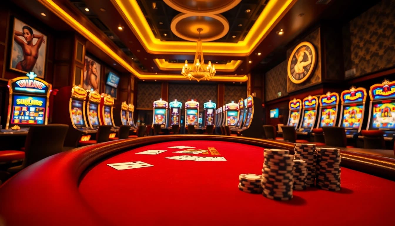 Play an exciting porn game in a luxurious casino setting with cards and vibrant slot machines.