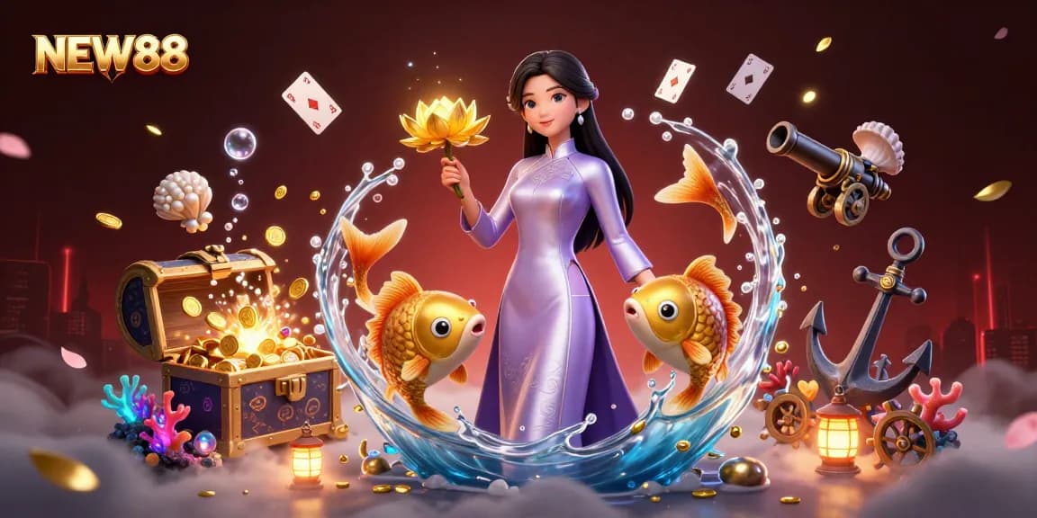 Join the excitement of NEW88 with an Asian woman holding a golden lotus in a vibrant casino scene.
