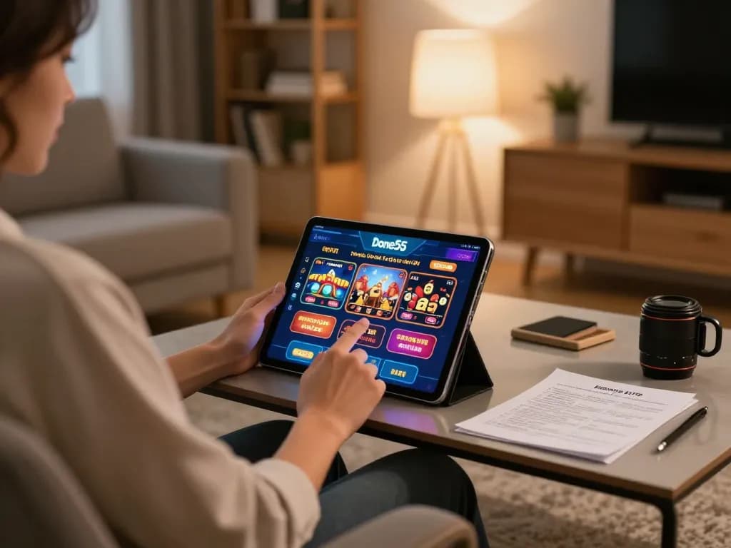 Engaging with done55 app while enjoying online casino gaming at home, showcasing strategic planning and comfort.