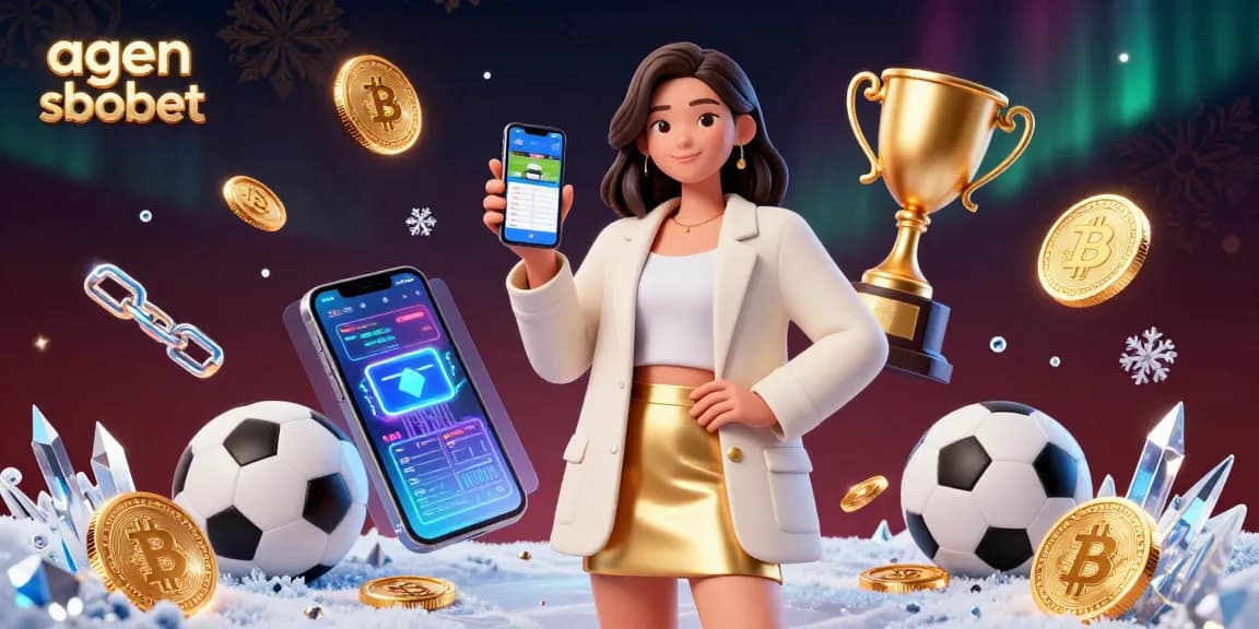 Engage with agen sbobet as a stylish Asian woman showcases a sports betting app in a vibrant 3D digital space.