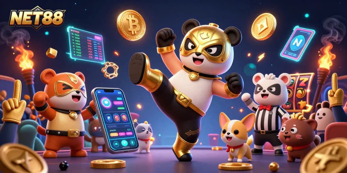 Engage with NET88 as a panda wrestler performs in a vibrant crypto casino scene filled with excitement.