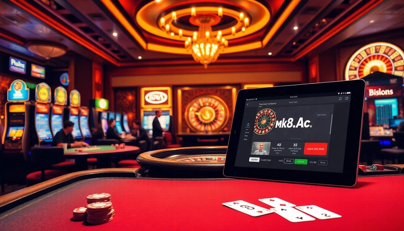 Gamblers enjoying a vibrant casino scene with mk8.ac online interface, immersed in thrilling games.