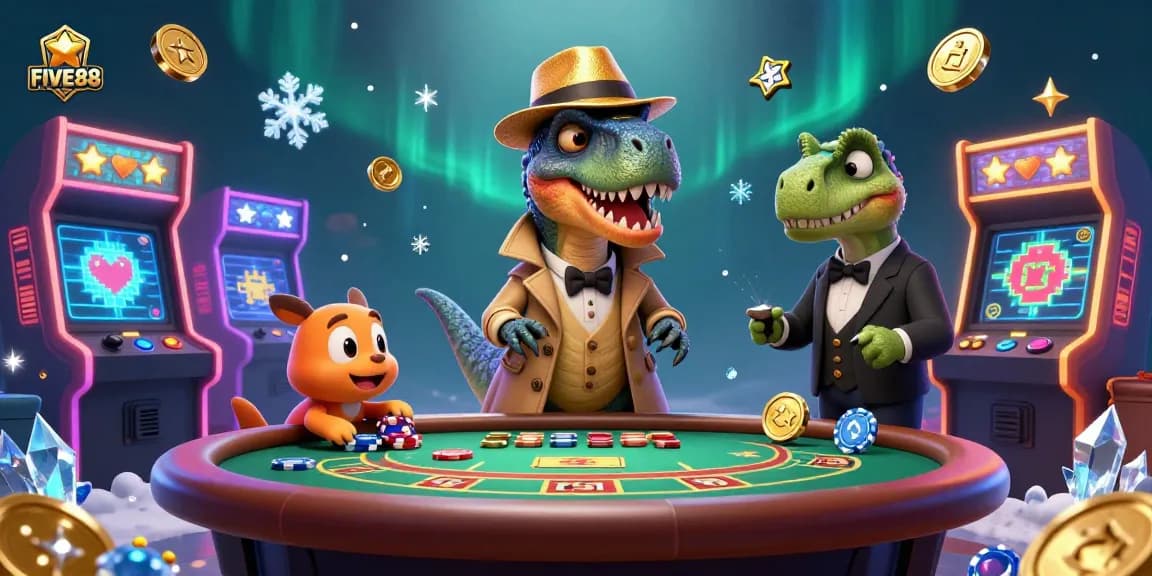 FIVE88 casino scene featuring a cartoon velociraptor card counter sneaking at a blackjack table with vibrant arcade elements.