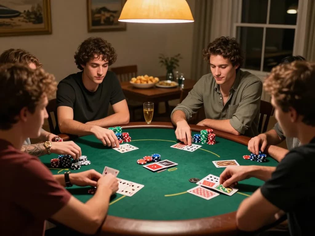Friends enjoying a lively home poker night while strategizing in their kubet game.