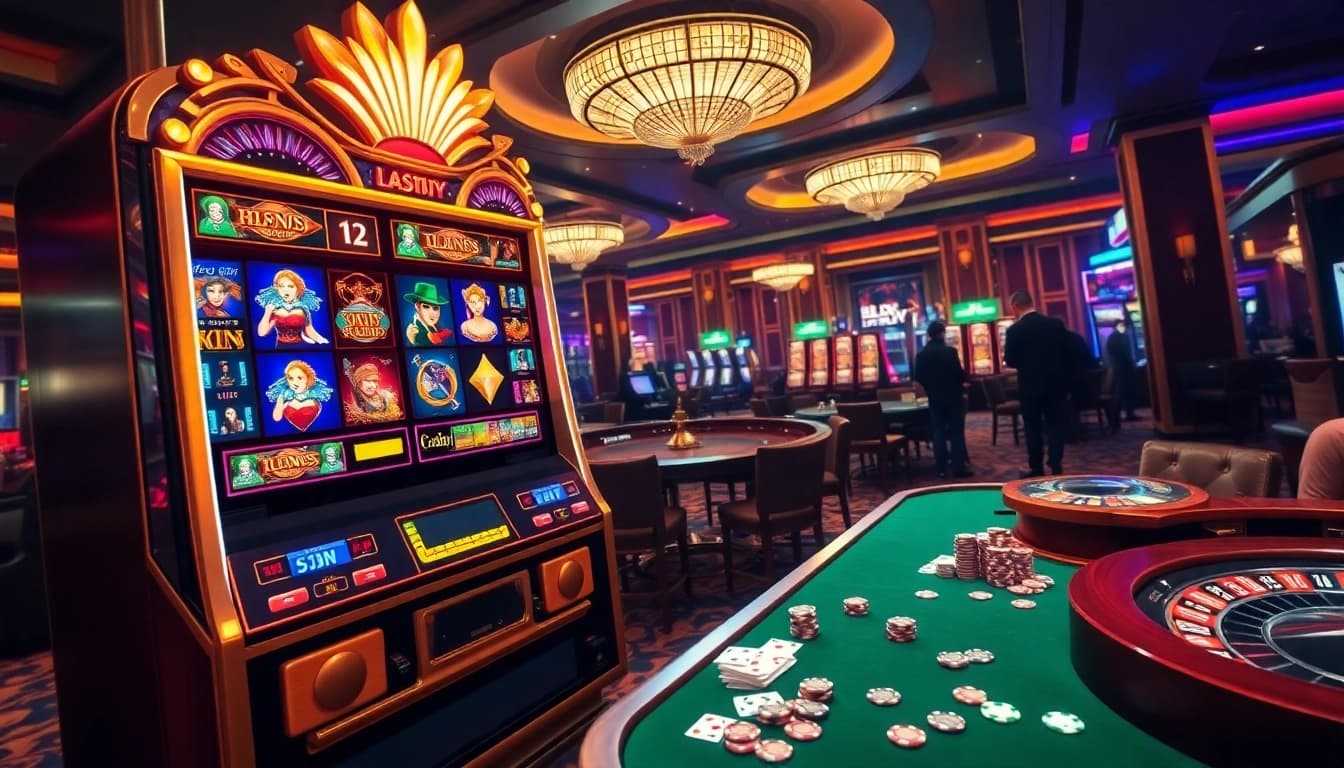 Experience the thrilling allure of luxury12 with vibrant slot machines and elegant casino decor.