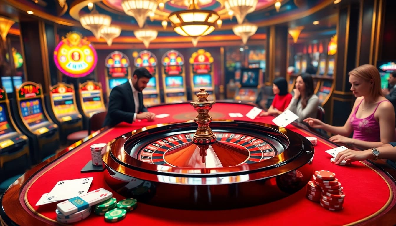 Experience the thrill of 789 win at this luxurious casino scene featuring roulette, chips, and excited players.