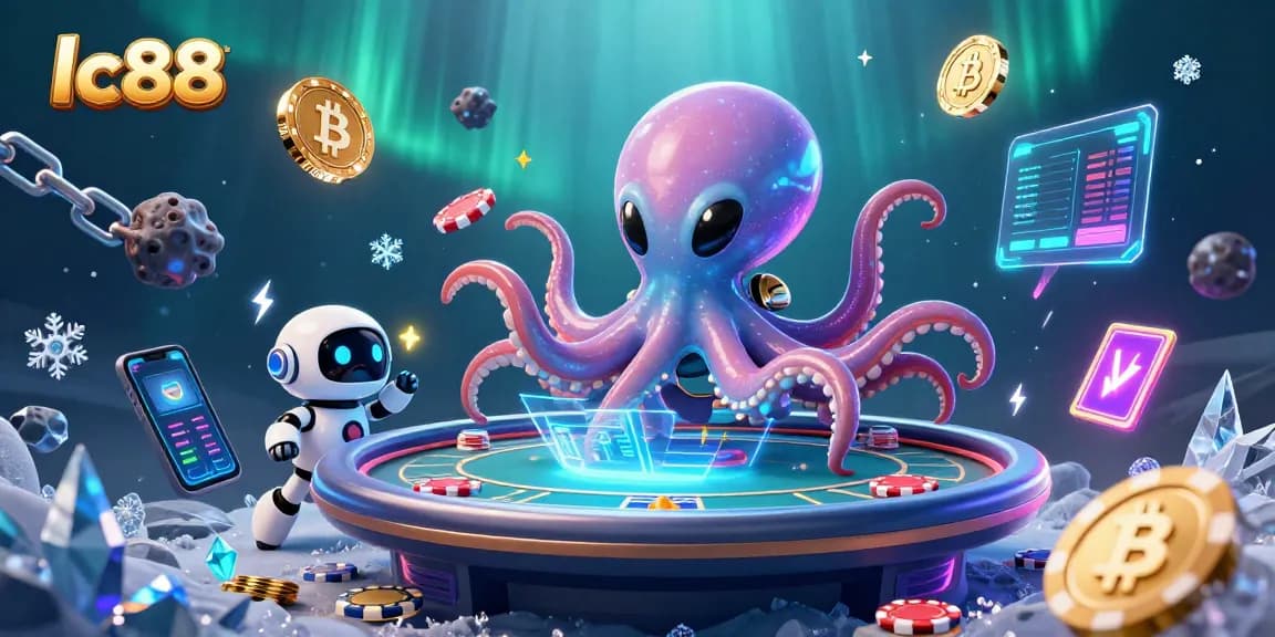 Engage with the vibrant world of lc88 as an alien octopus plays poker amidst glowing cryptocurrency elements.