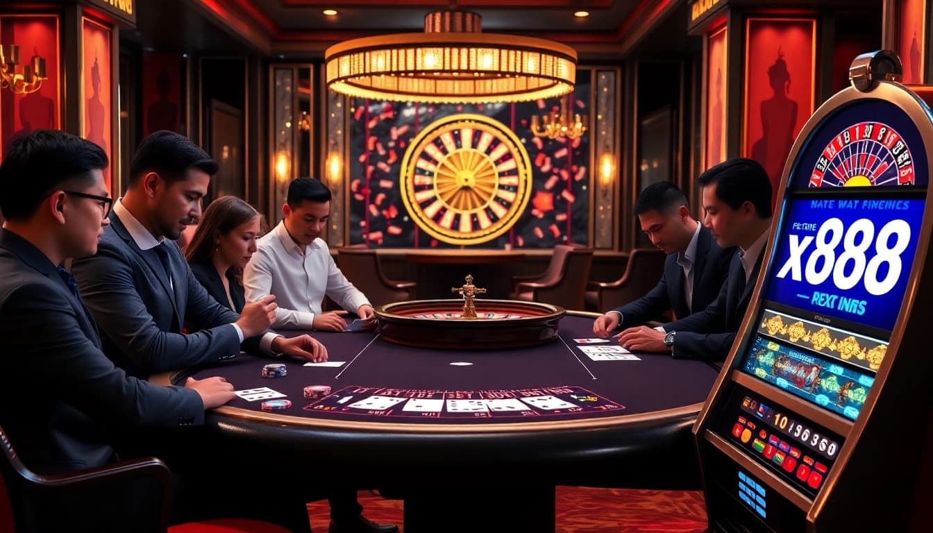 Professional gamblers enjoying a game at xx88's luxurious casino table with vibrant lighting.