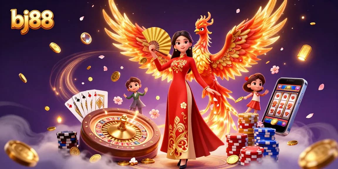 BJ88 showcases a vibrant casino scene with a graceful woman and a phoenix, celebrating winning slots and rich gameplay.