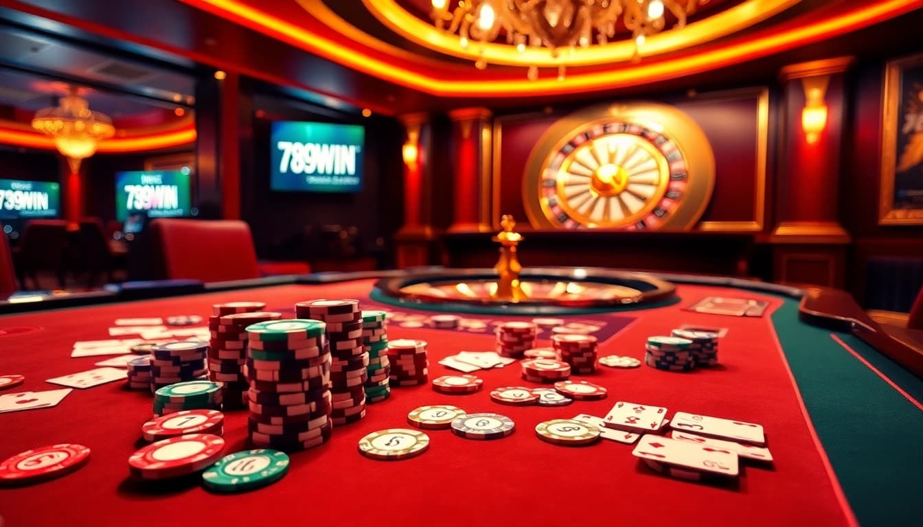 Players enjoying thrilling games at 789WIN casino with vibrant poker chips and cards.