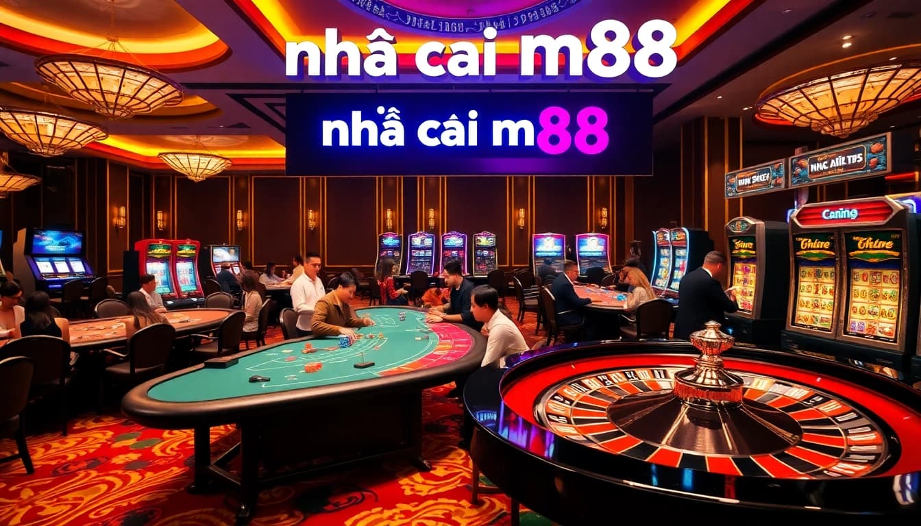 Engaging casino scene at nhà cái m88, featuring vibrant poker tables and roulette wheels.