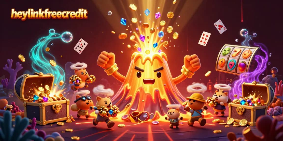 Win big with heylinkfreecredit at the vibrant casino, featuring treasures and slot reels!