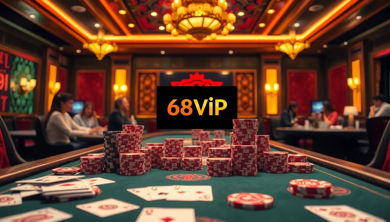 Engaging players at Đăng Nhập Nhà Cái 68VIP amidst a luxurious casino table setting.
