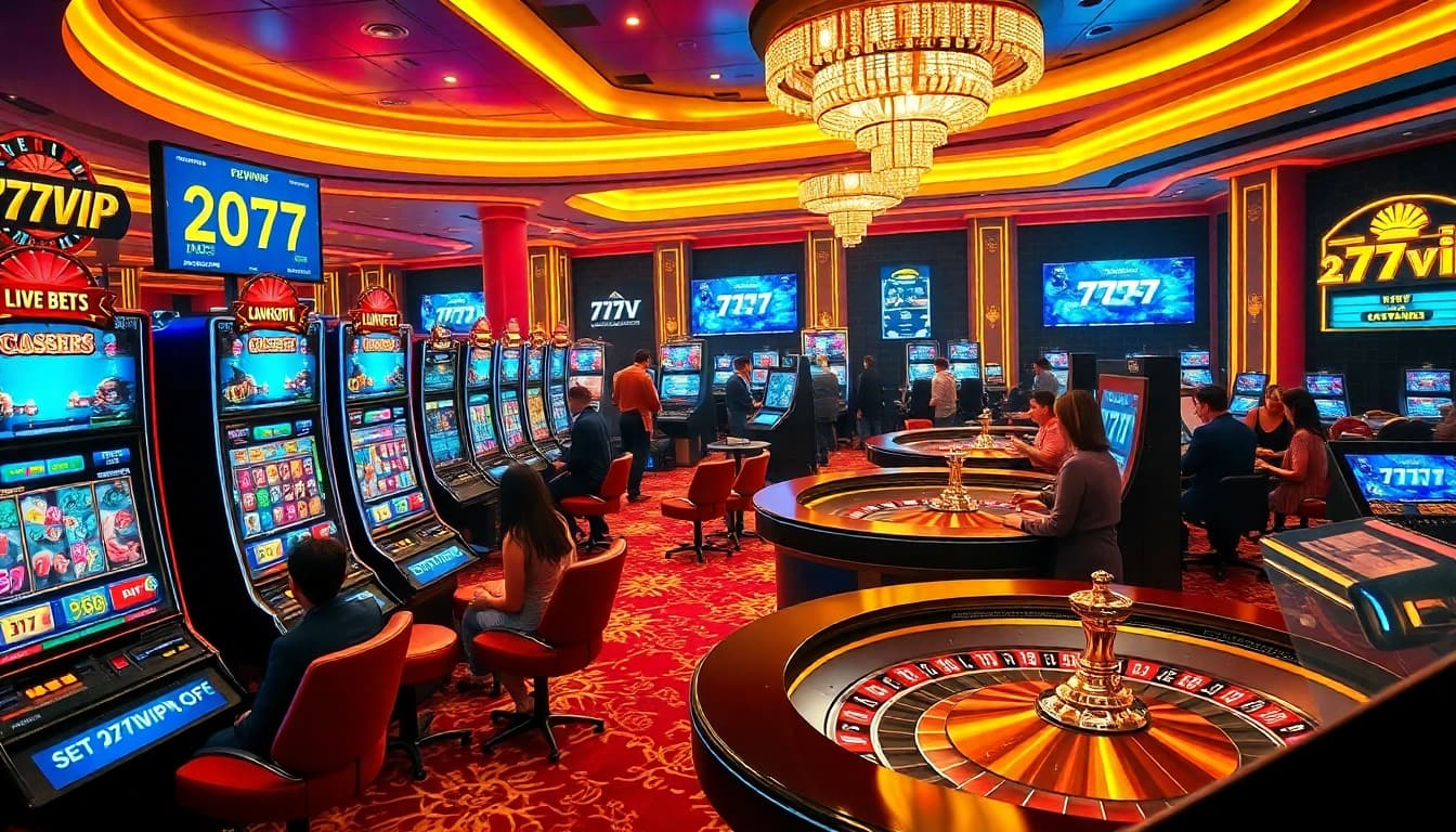 Experience gaming excitement with 777vip's vibrant online casino interface featuring slot machines and roulette wheels.