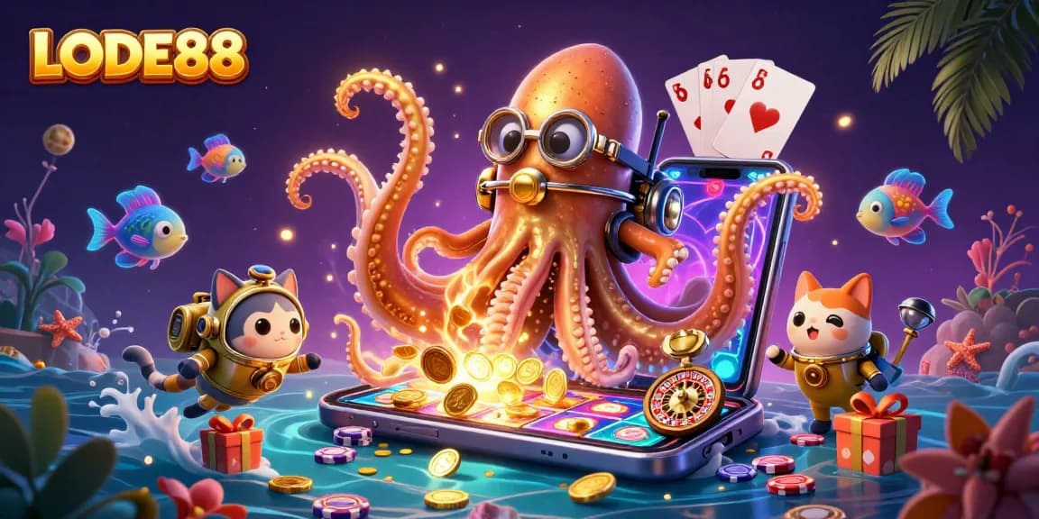 Engage with LODE88's thrilling slots using the kraken and vintage diving cat in a vibrant underwater casino.