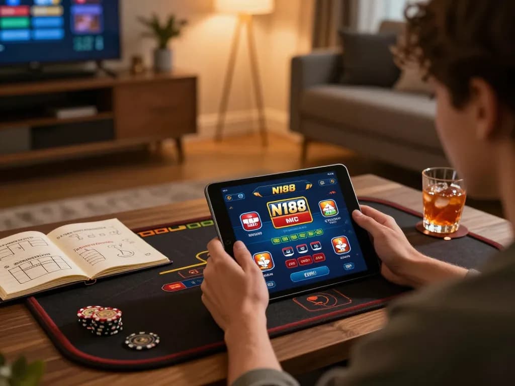 N188 users exploring exciting online casino games while managing their bets in a cozy setting.