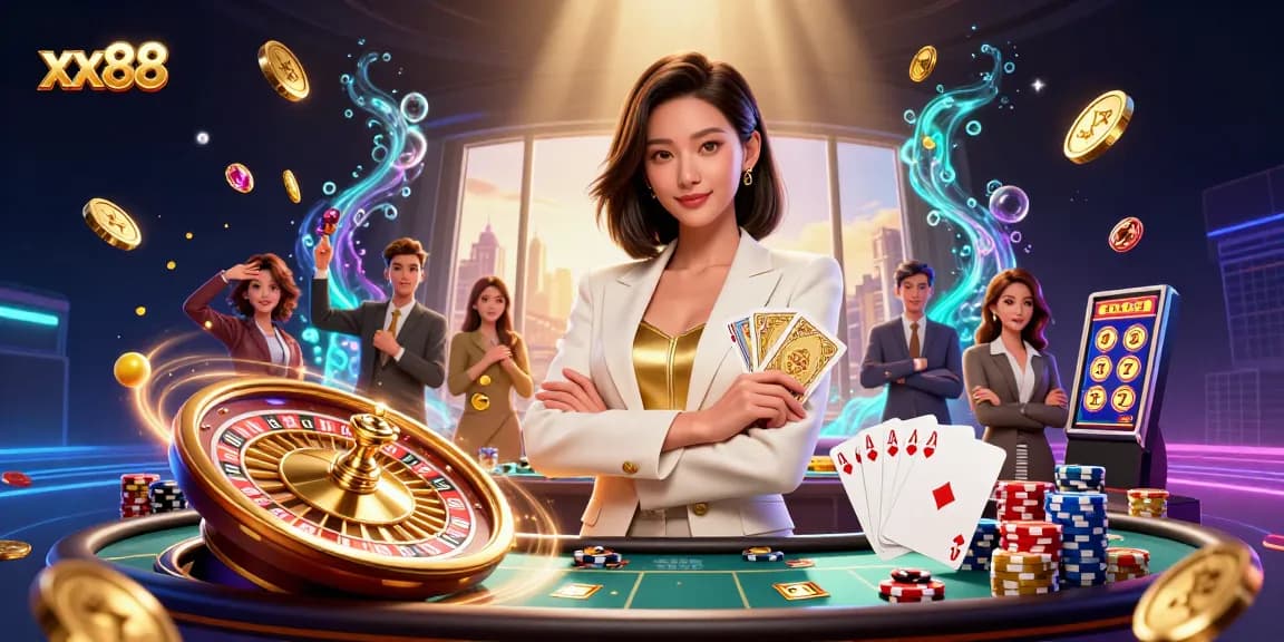 Win big at xx88 with a glamorous scene of a powerful businesswoman holding a deck of cards in an exciting casino environment.