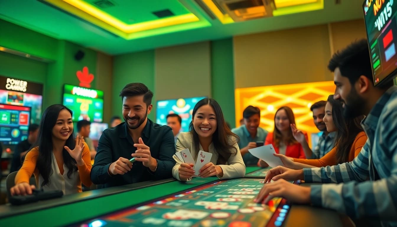 Players enjoying bolagacor games in a modern online casino setting filled with excitement and vibrant colors.