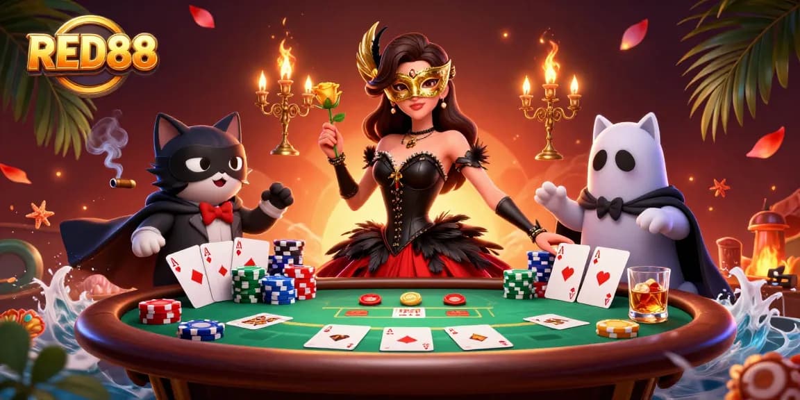 Join the fun at RED88 casino with vibrant tables and engaging characters in this dazzling illustration.
