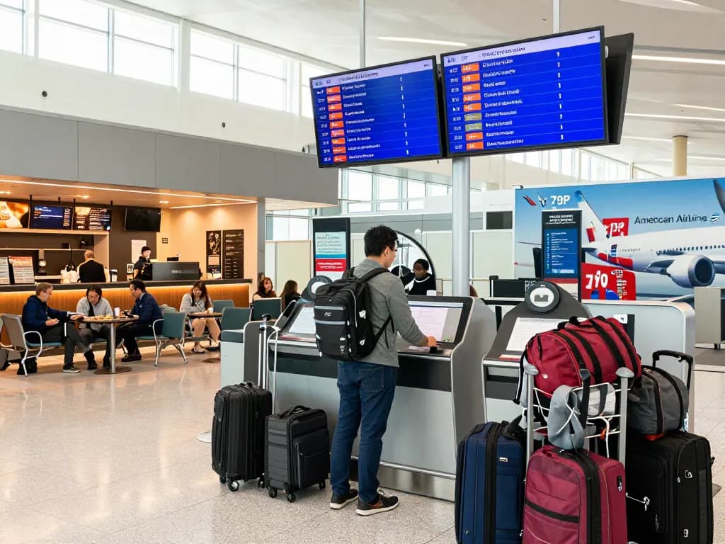 Excited traveler preparing for a flight on the 789P at a busy airport terminal with vibrant atmosphere.