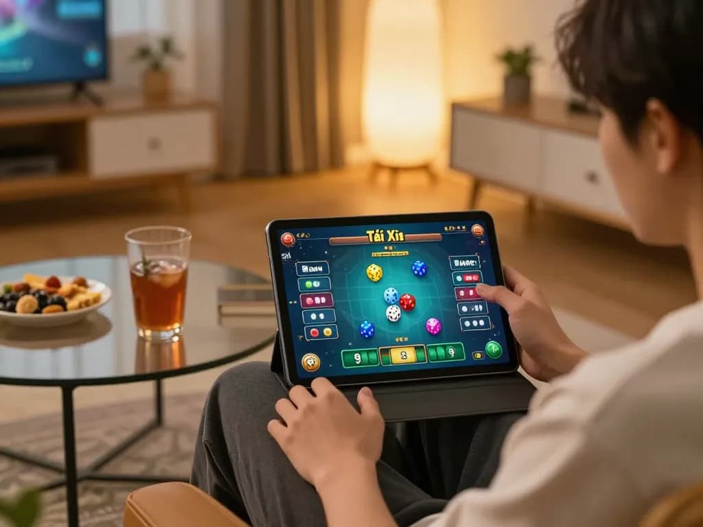 Tài xỉu online uy tín gameplay on tablet in a cozy home setting, engaging visual experience with colorful gaming interface