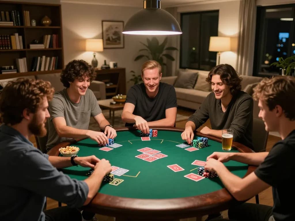 Luck8 poker night with friends creating a lively atmosphere around a card table.