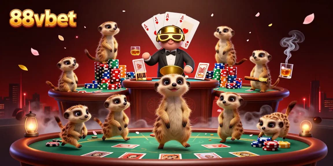 Engage with 88vbet's vibrant casino scene featuring meerkats running the show, lively with chips and cards.