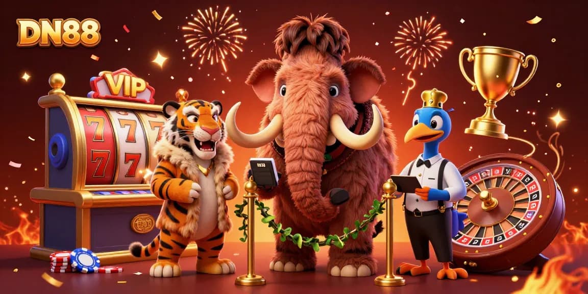 Experience the excitement at DN88 casino with vibrant characters and games in a stunning 3D illustration.